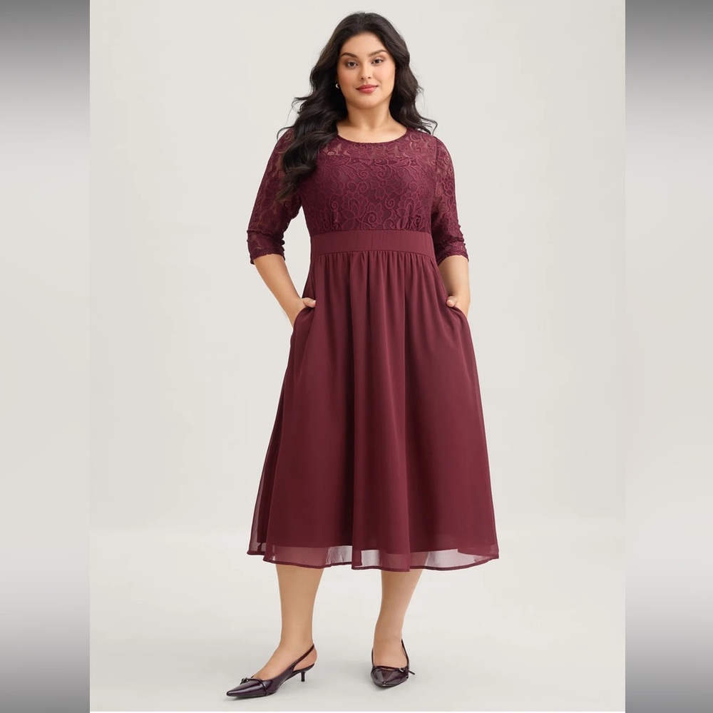 BloomChic Elegant Burgundy Lace Midi Dress